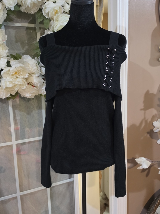 tribekka 44 Sweaters - Black Off-Shoulder Lace-Up Ribbed Women's Sweater